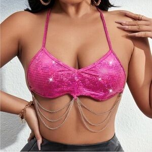 SHEIN Fuchsia Sequin Halter Top with Silver Chain